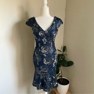 ANTONIO MELANI Hadley Golden Soirée Floral Blue and Silver Sequined Dress